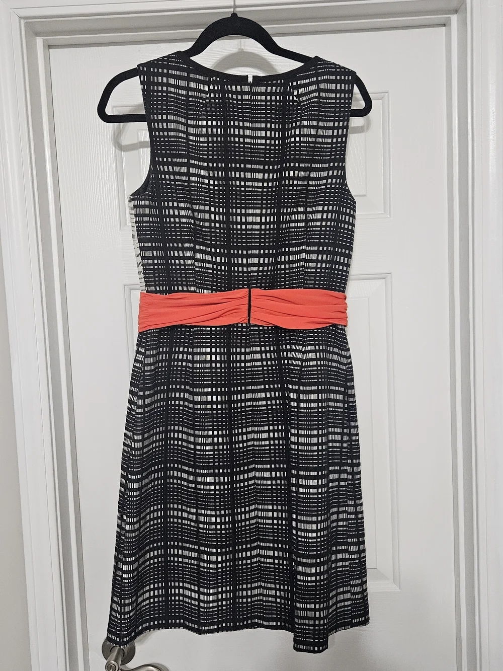 Tahari Black & White Grid Knee Length Dress with Coral Belt Accent - Picture 2 of 4